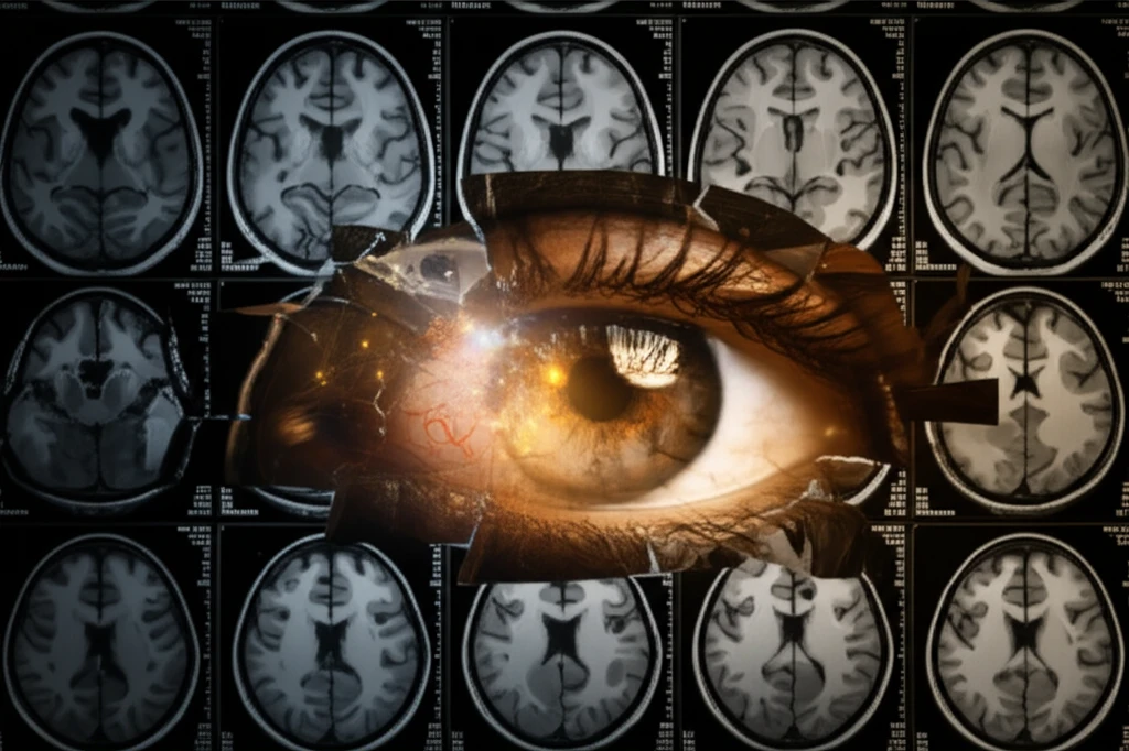 Glowing optic nerve within an eye, surrounded by a fragmented MRI scan, representing early MS detection.