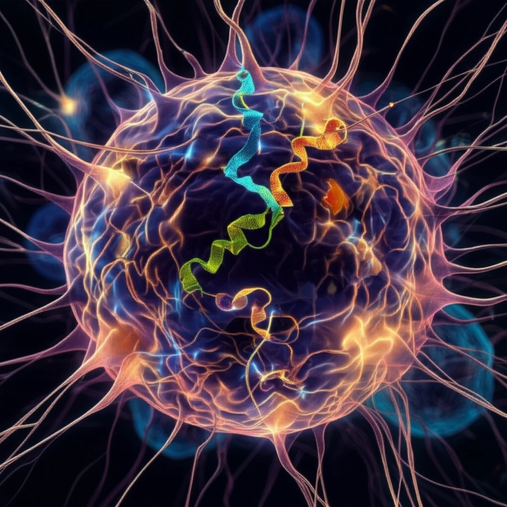 Surreal illustration of cancer cells and signaling pathways with fusion protein hijacking a pathway.