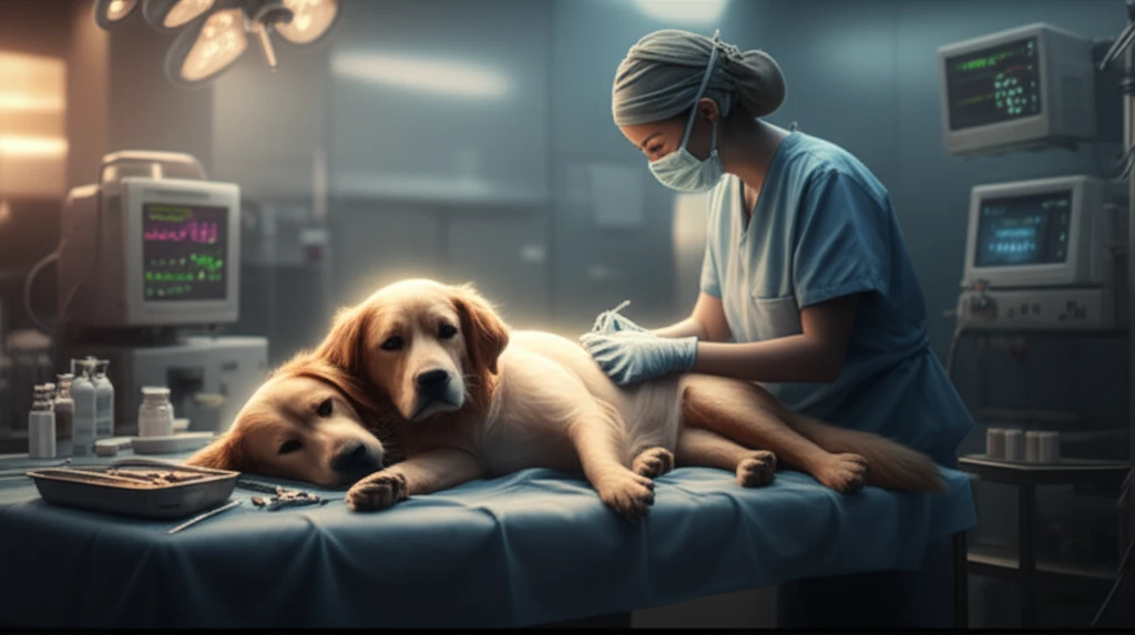 Digital illustration of a dog receiving an epidural in a veterinary setting. The scene is calm and reassuring.