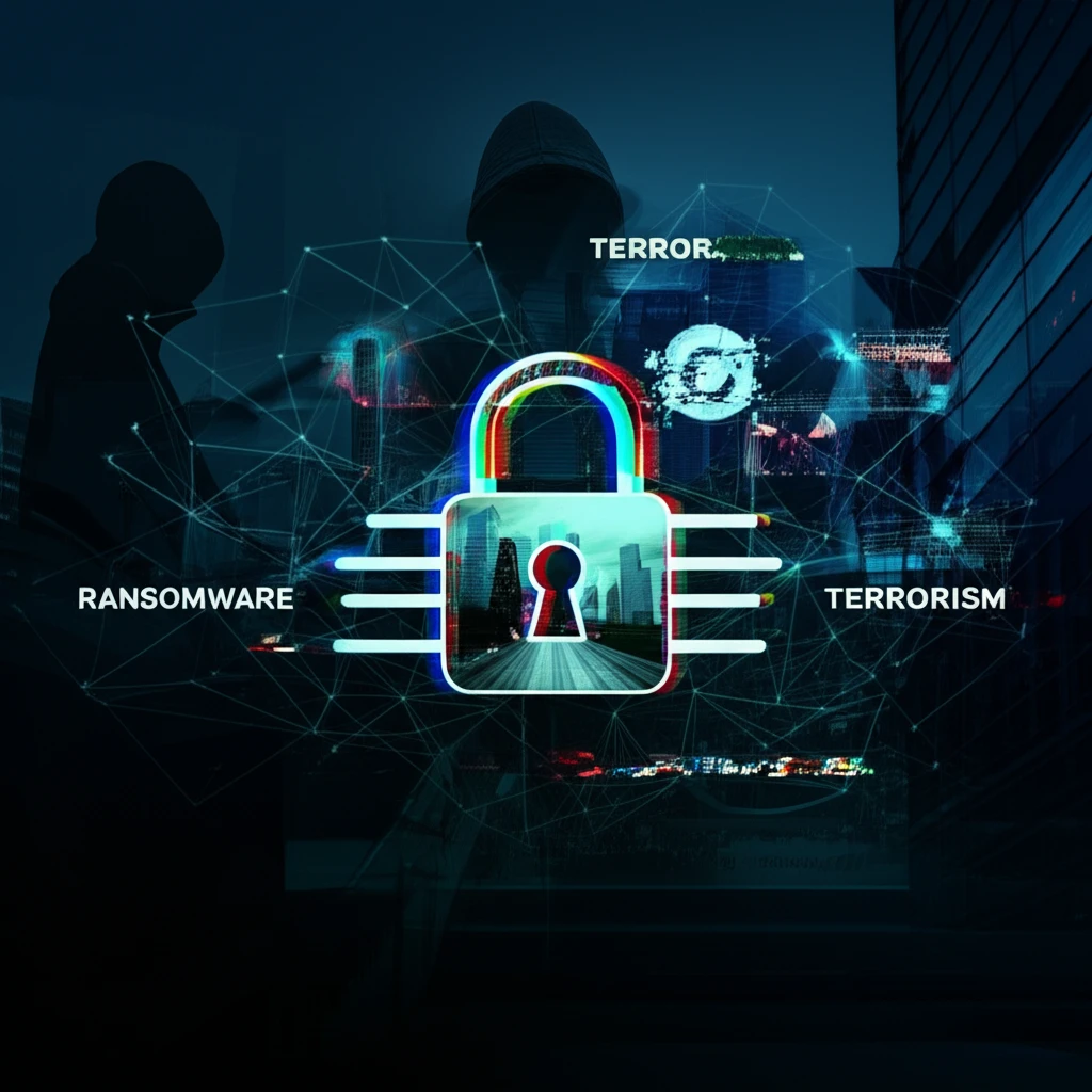 Illustration depicting the intersection of ransomware and terrorism.