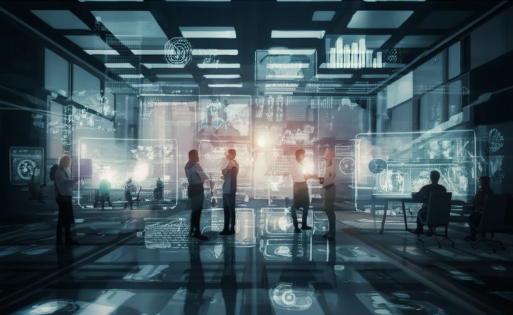 Illustration of a futuristic control room showcasing human-machine collaboration