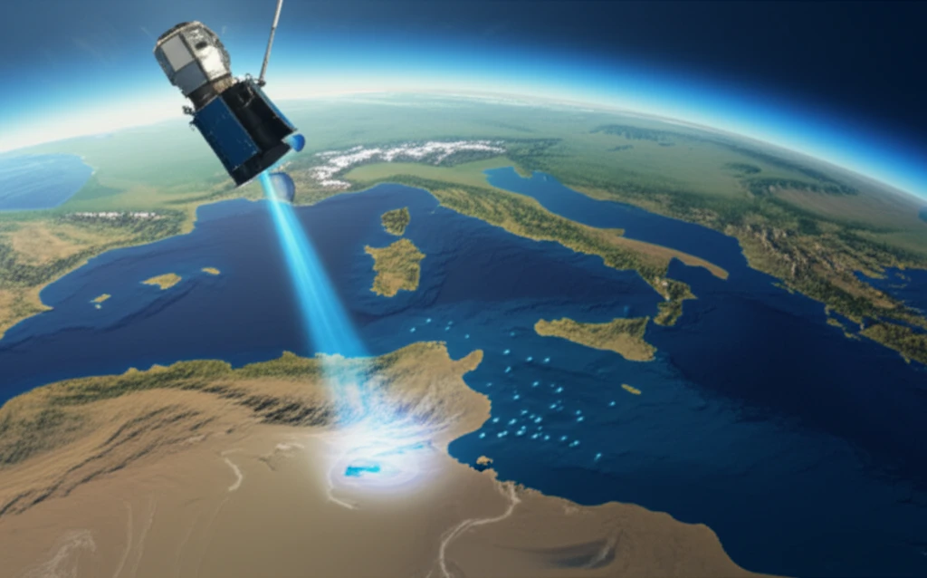 Illustration of a satellite over the Mediterranean Sea, analyzing ocean color to study marine life and climate change.