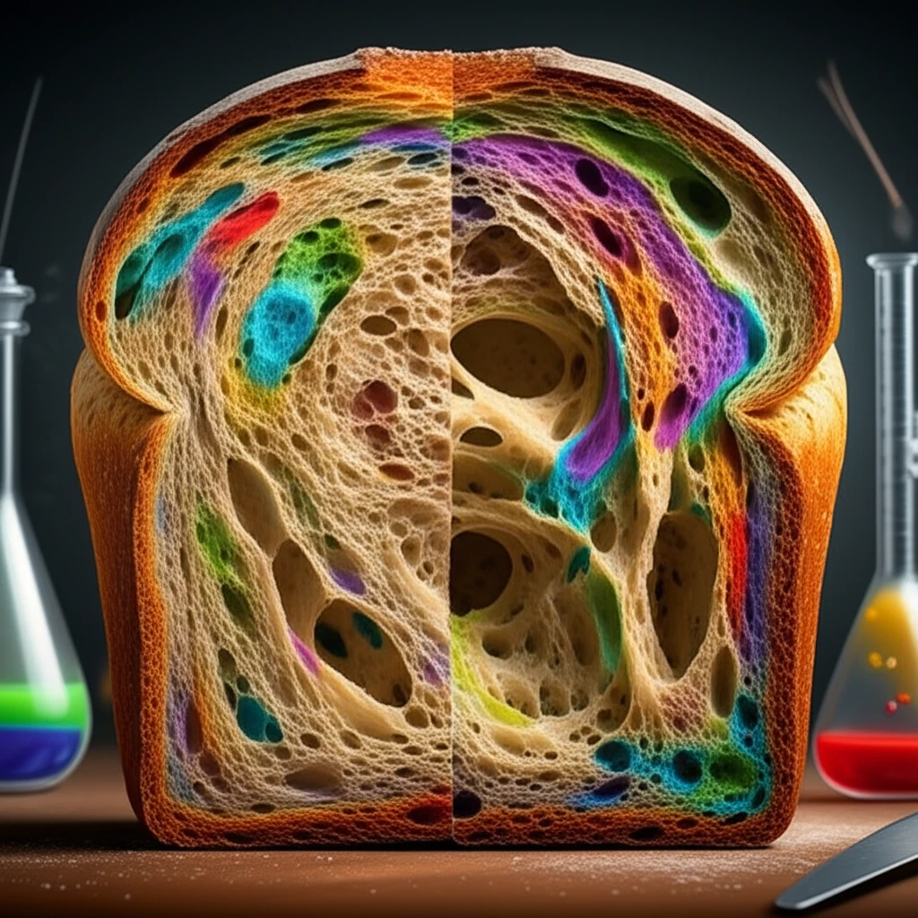 Visual representation of the impact of staining methods on dough microstructure; highlighting a comparison between ideal and disrupted structures.