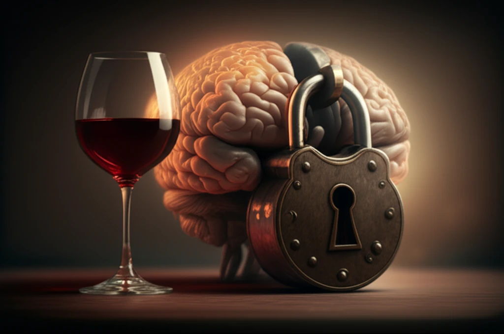 Illustration symbolizing the struggle for control over alcohol use. A brain with a lock represents the challenges, with a glass of wine signifying the object of desire.