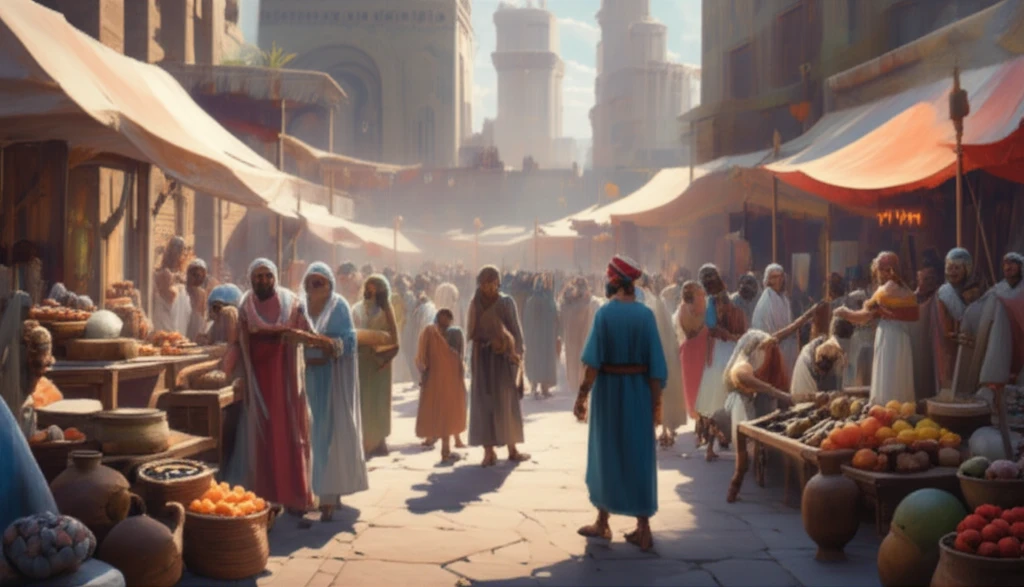 Illustration of a marketplace in ancient Babylon, showcasing diverse people and cultures.