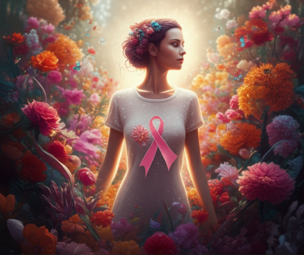 A woman radiating health and vitality in a flower garden, symbolizing breast cancer awareness and women's health