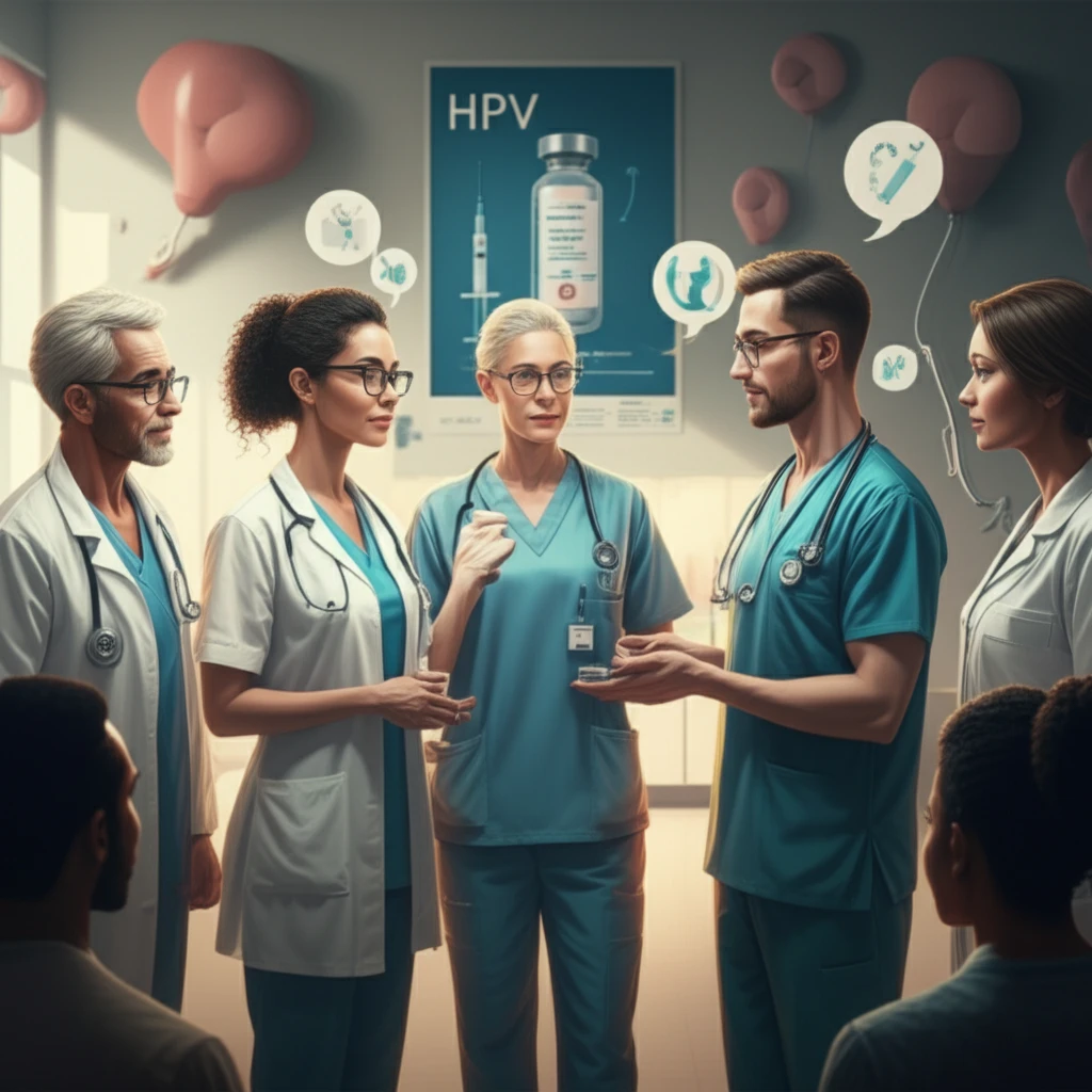 Illustration of healthcare providers interacting with newcomers, promoting HPV vaccination.