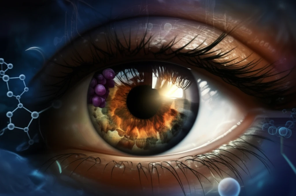 Illustration of a healthy eye with a retina made of grapes, representing the potential of grape seed extract in preventing diabetic retinopathy.