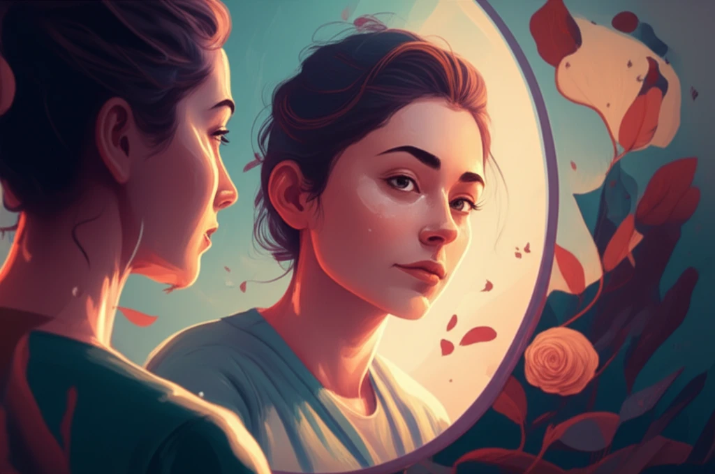 Illustration depicting a person with head and neck cancer reflecting on their body image in a mirror, symbolizing the journey of healing and self-acceptance.