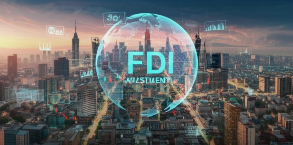 Digital illustration depicting economic growth in South Asia with foreign investment.