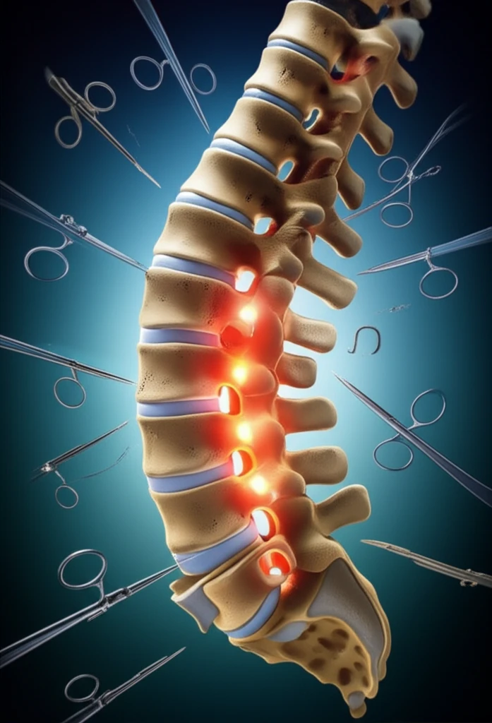 Illustration of lumbar fusion surgery, depicting fused vertebrae, surgical tools, and a patient finding relief.