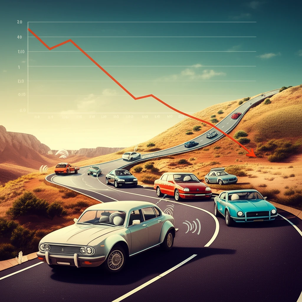 Illustration of road safety progress with vehicles showing different safety features and a downward trend.