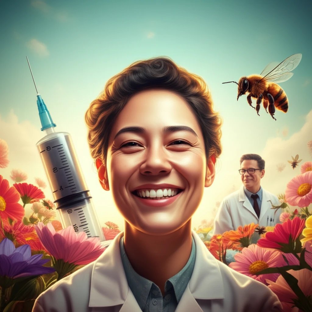 Illustration of a person smiling confidently while getting a venom immunotherapy shot, representing freedom from bee sting allergy