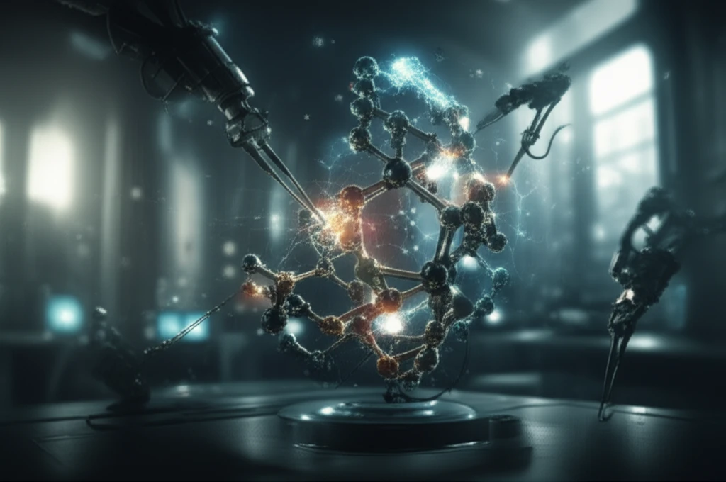 Illustration of a complex molecule being built using advanced scientific techniques, symbolizing the future of chemistry and drug development.