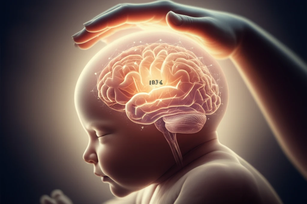 Illustration depicting the IRF4 pathway's protective role in a newborn's brain.  It represents new hopes for Neonatal Health