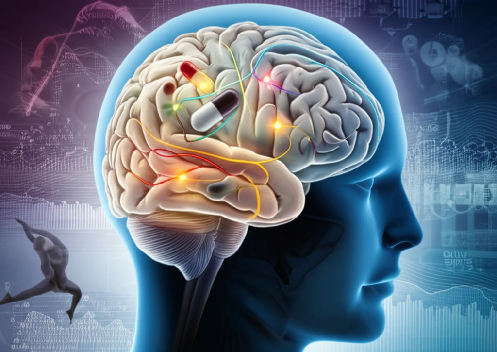 Illustration of a brain highlighting neural pathways, medication symbols, and a dancer, representing the effects of Parkinson's disease and the impact of treatment.
