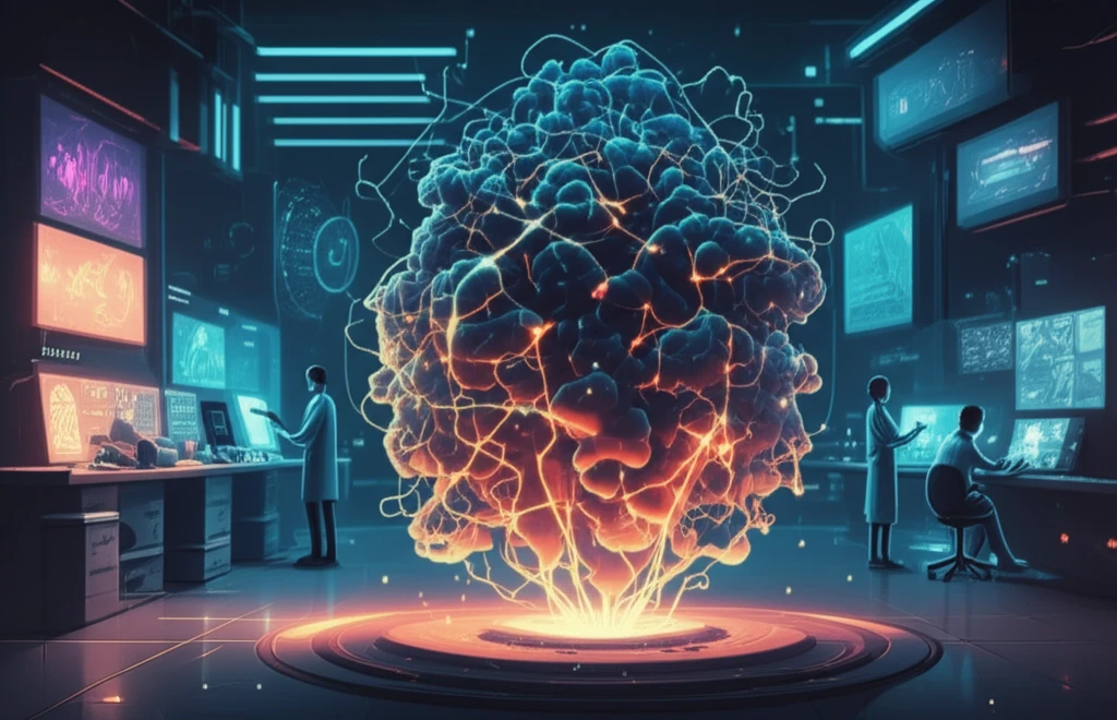 A futuristic lab scene with a glowing molecular model.