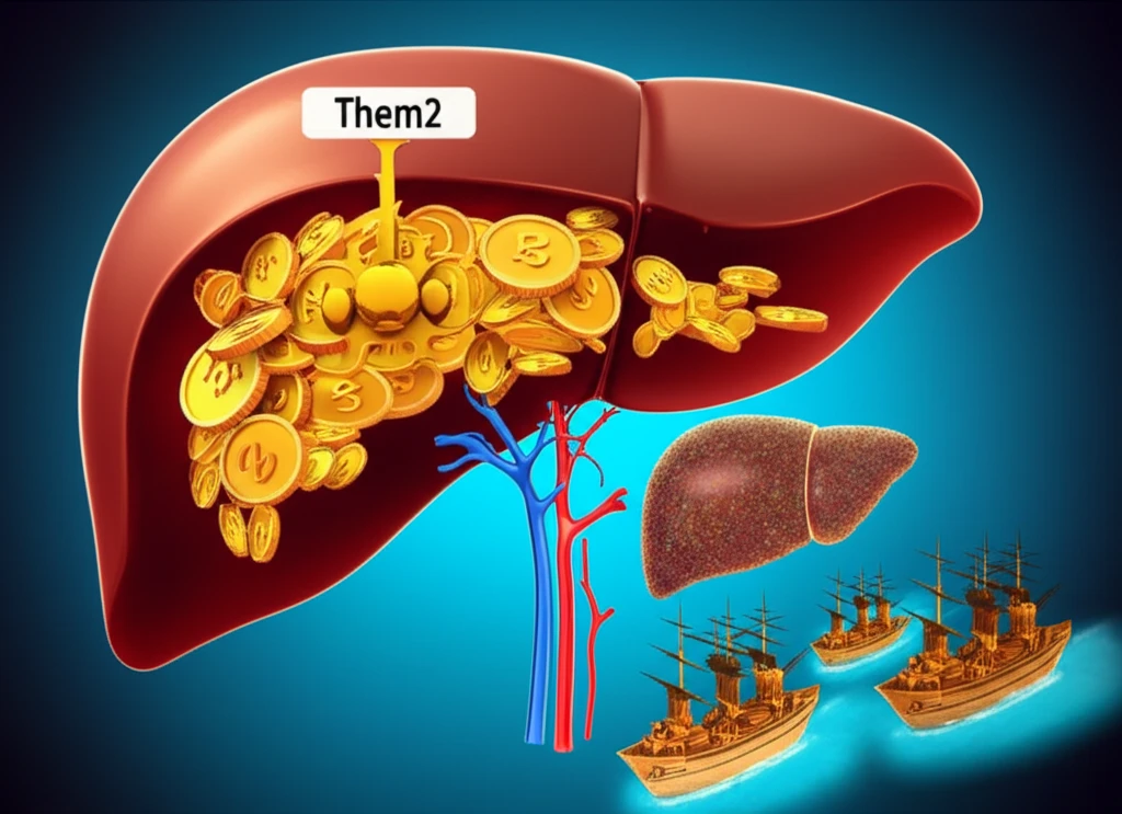 Digital illustration depicting the role of Them2 in regulating fat metabolism within the liver, with a comparison of a healthy liver vs. a fatty liver.