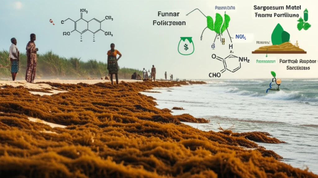Illustration of Sargassum seaweed on a Ghana beach, highlighting its chemical composition and impact.