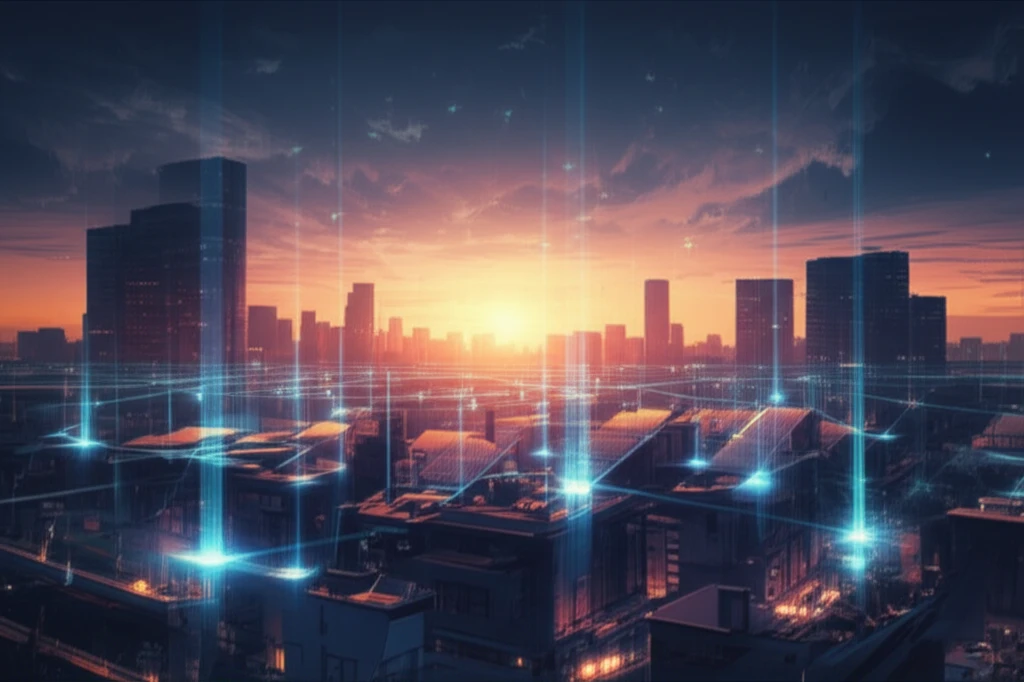 Illustration of a futuristic city powered by solar energy and smart grid technology.