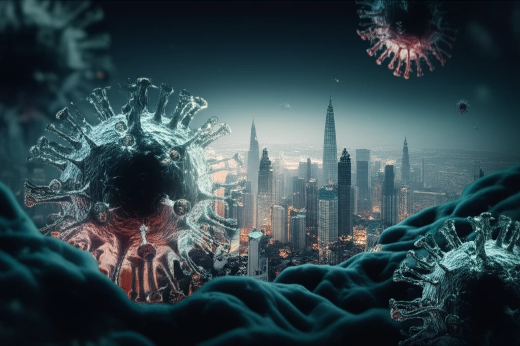 Illustration depicting bioterrorism threat with city background.