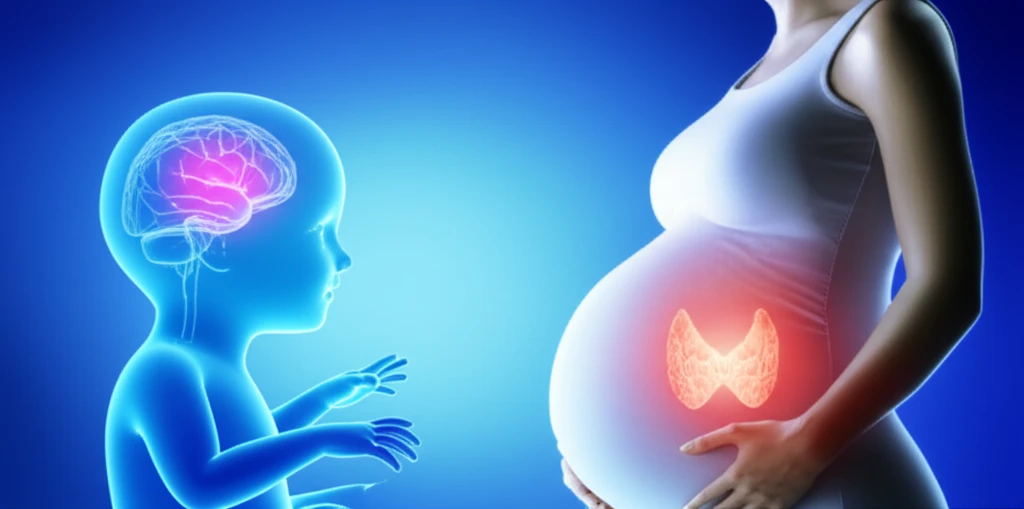 Illustration of a pregnant woman, thyroid and baby's brain to visualize the relation between maternal thyroid health and the baby's brain.