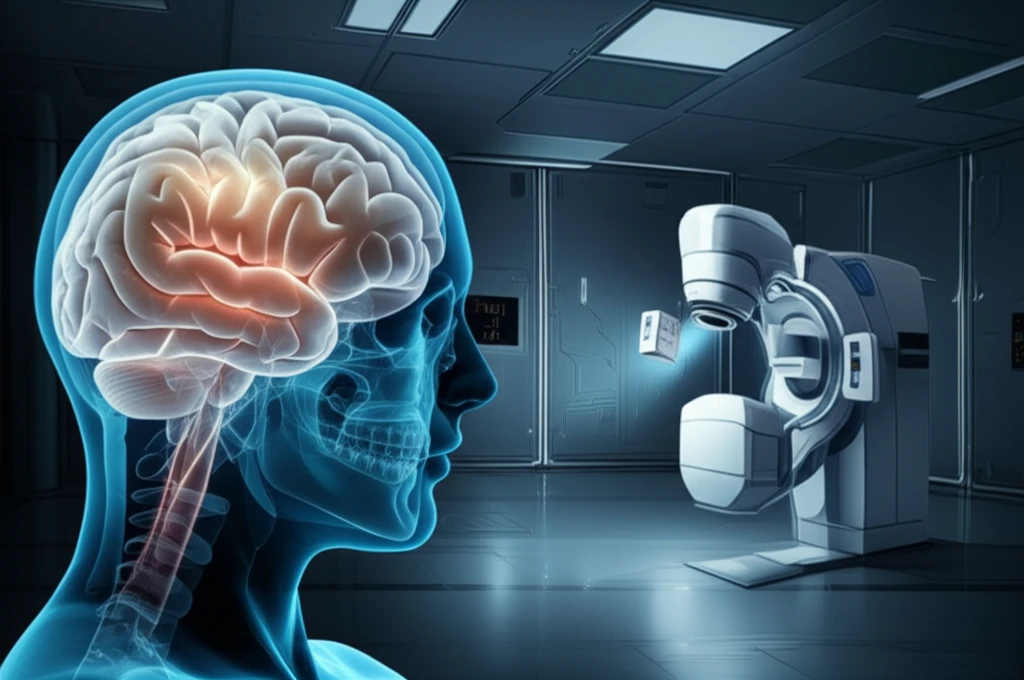 Illustration of a brain with radiation pathways, showing precision in cancer treatment