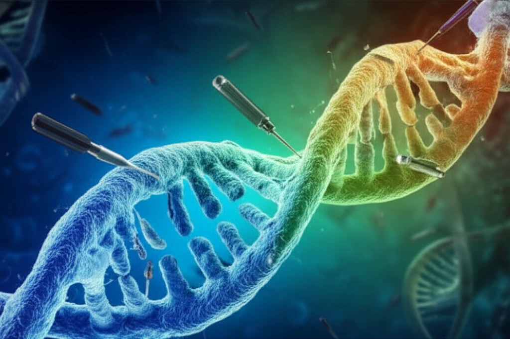 Illustration of a DNA strand being modified with mechanical tools, representing DNA methylation, with vibrant colors symbolizing health and longevity.
