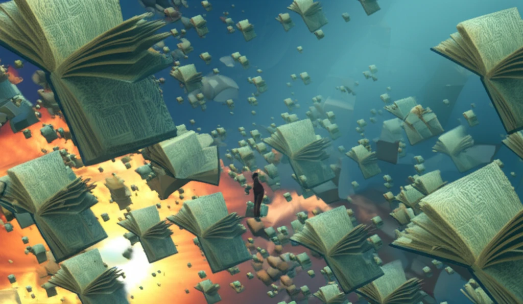 A person surrounded by floating books, inspired by the act of reading.