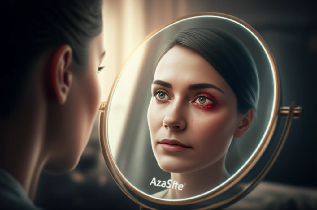 Illustration symbolizing blepharitis and the potential relief offered by AzaSite, with a person's reflection showcasing healthy eyes contrasted with their actual inflamed eye.
