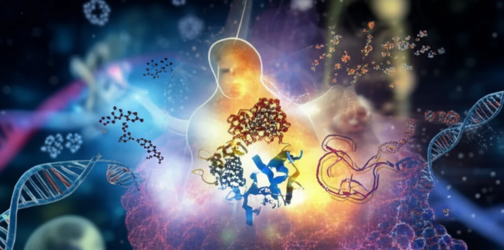 Illustration depicting the interaction of SIRT1 protein and microRNAs within a cell, symbolizing the regulation of health and longevity.