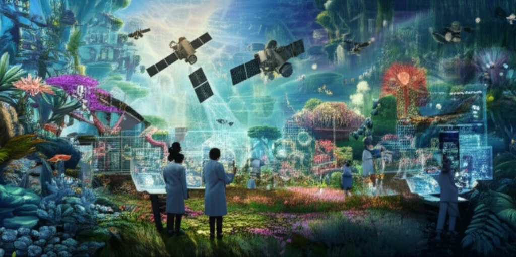A digital illustration depicting the use of AI and satellite imagery for environmental conservation. The image shows a vibrant ecosystem with diverse plants and wildlife, being monitored by a network of orbiting satellites. Scientists collaborate to analyze the data. The image uses a bright, hopeful color palette to convey optimism about the future of environmental conservation.