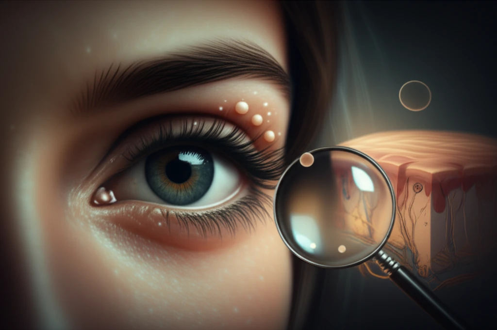 Illustration of the upper eyelid with white papules.