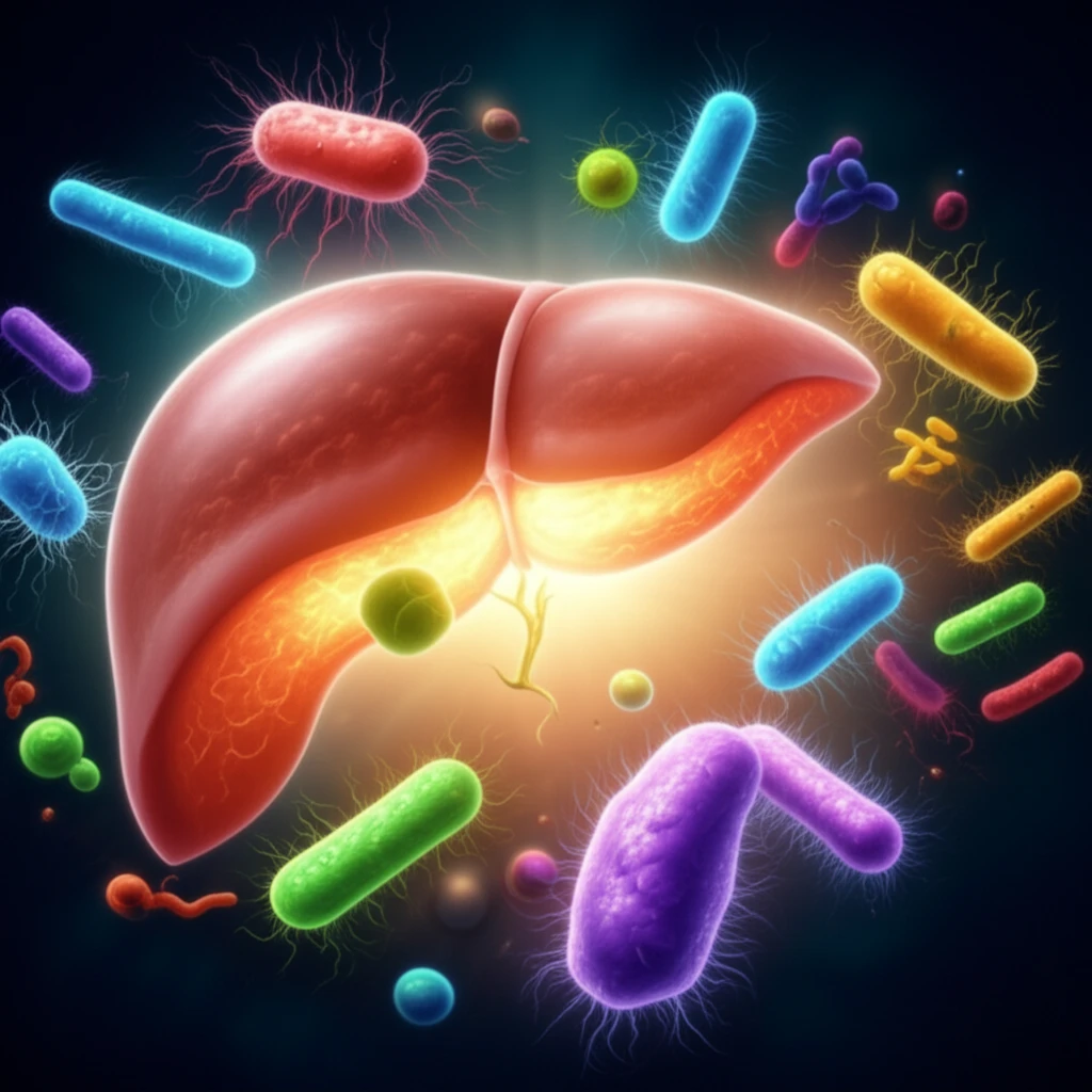 Illustration of a healthy baby with a thriving gut microbiome and a happy, functional liver, representing the connection between gut health and liver function in infants.