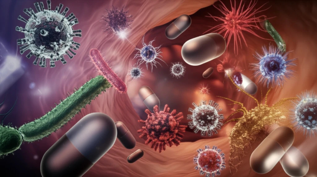 Illustration of viruses and bacteria in the gut and oral cavity, with antibiotic capsules.