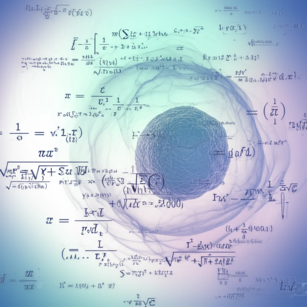 Illustration of cell division with equations floating around it, symbolizing the mathematical modeling of cell growth