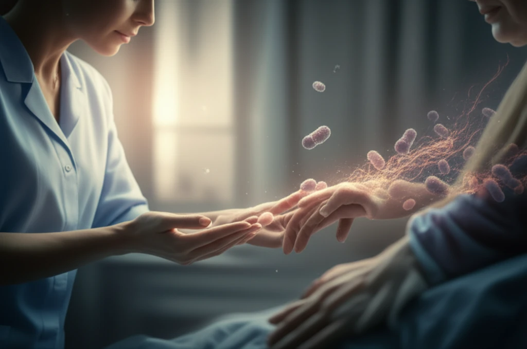 Illustration of a nurse offering support to a TB patient, highlighting the importance of caring behaviors.