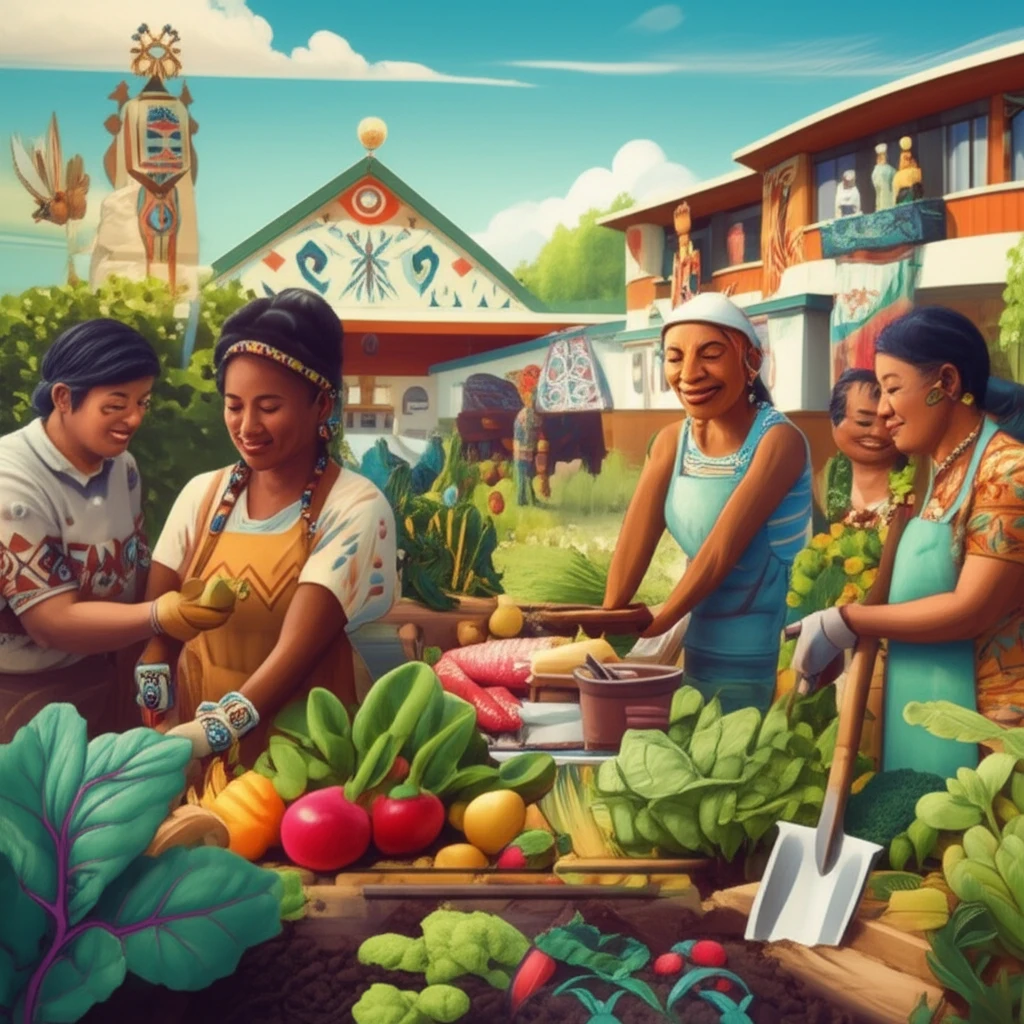 Illustration of a community garden with diverse people working together, symbolizing collaboration and health equity in Native American communities.