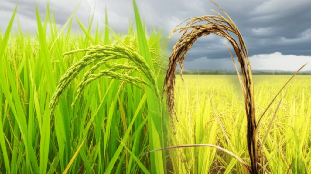 Illustration depicting healthy and diseased rice plants, highlighting the impact of sheath rot.