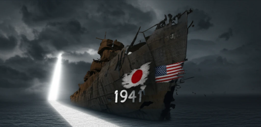 Digital illustration depicting the attack on Pearl Harbor with a broken ship, dark clouds, and the flags of the United States and Japan, symbolizing the tragic events of December 7, 1941.