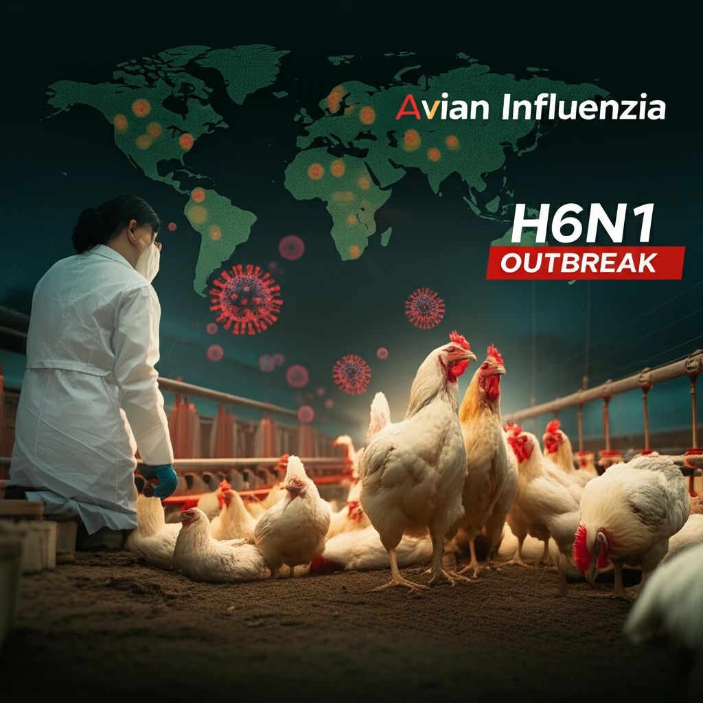 Illustration depicting the spread of H6N1 avian influenza on a poultry farm and its implications for public health.