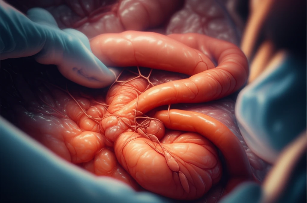 Illustration of the 'jejunal scarf-covering method,' showing a surgeon wrapping the jejunum around a pancreatic anastomosis to prevent pancreatic fistula after a total gastrectomy.