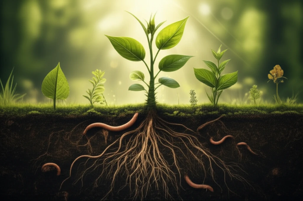 Illustration of healthy soil with visible roots, earthworms, and diverse plant life, with sunlight filtering through, symbolizing the importance of soil health