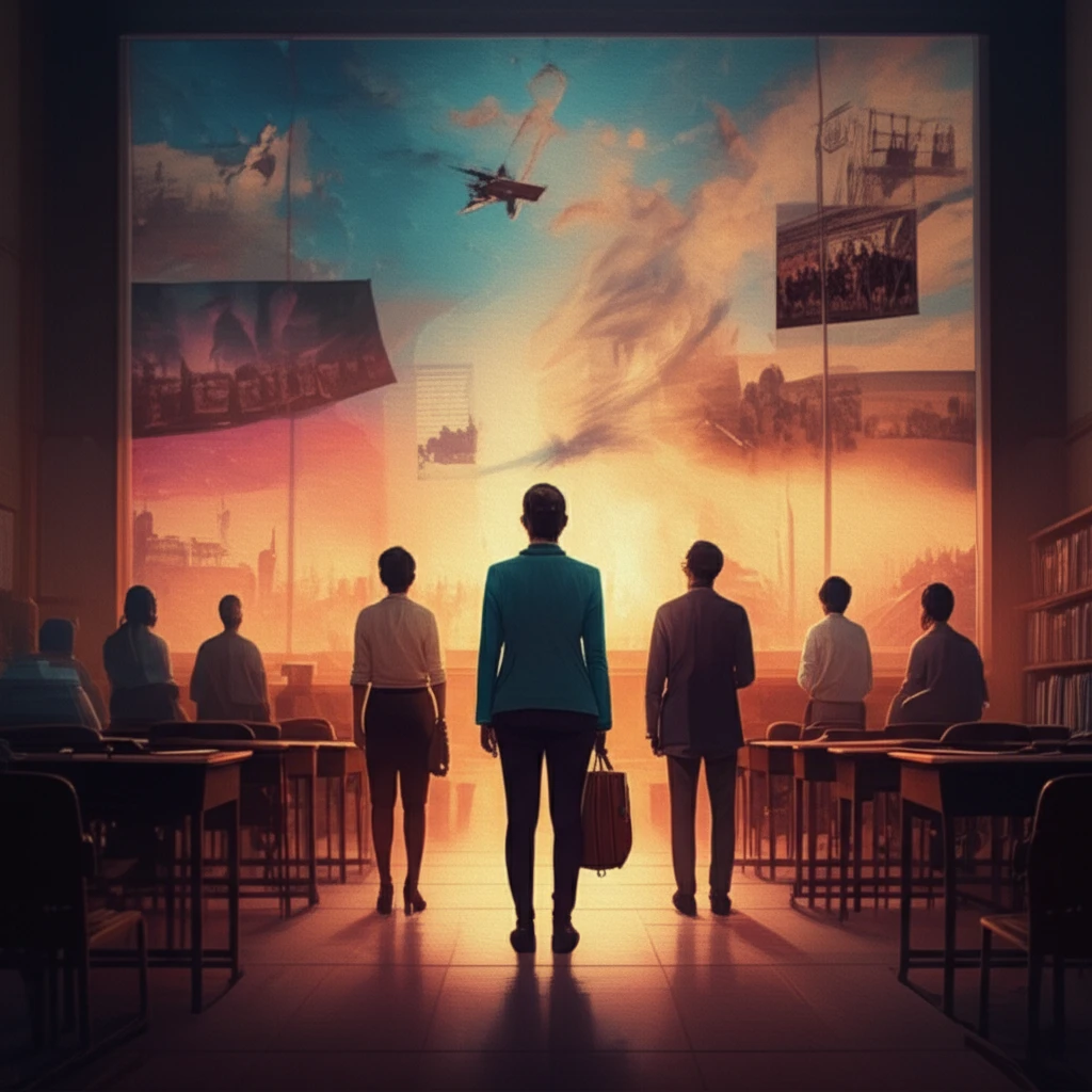 A digital illustration of a diverse group of teachers in front of a classroom portal, the classroom showcases images of historical events.