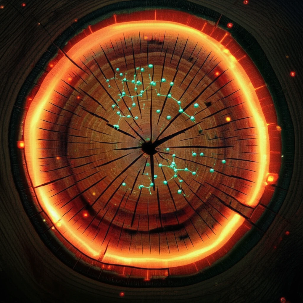 Digital illustration of a tree trunk section undergoing heat treatment.