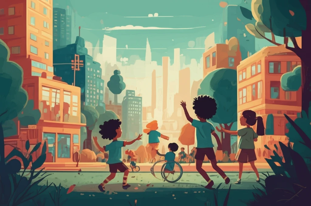 Illustration of children playing in a community.