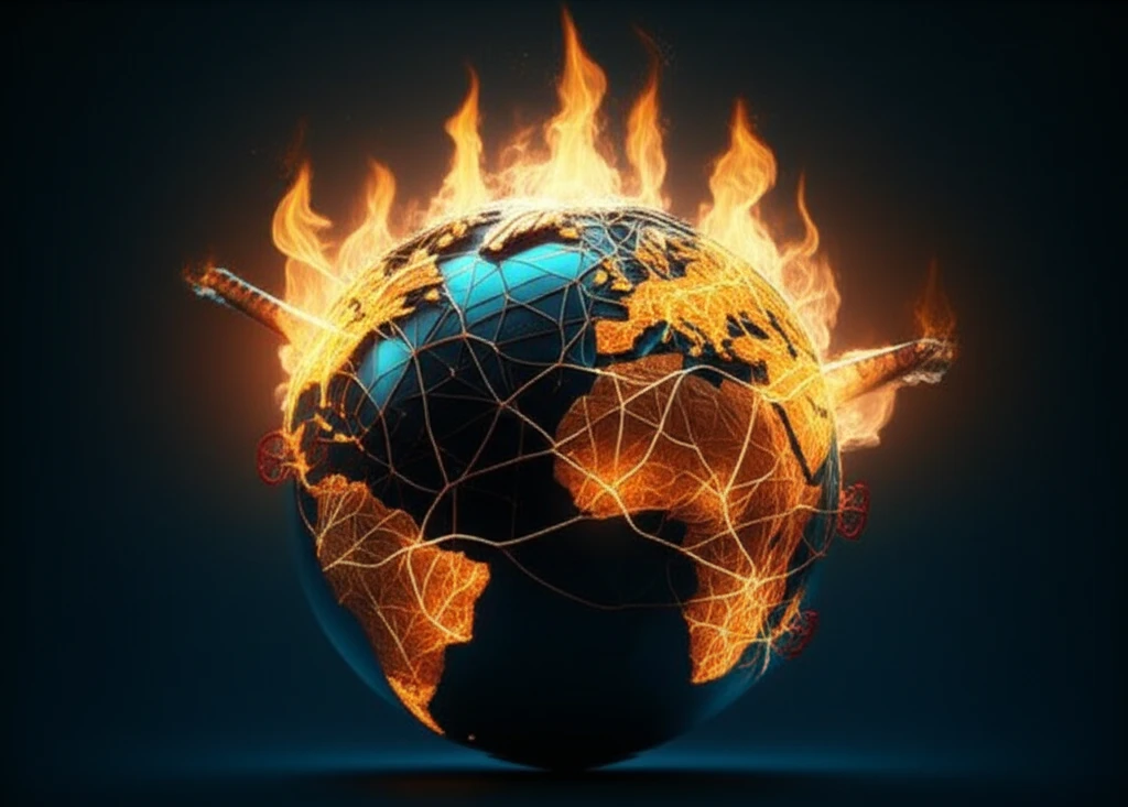 Illustration of a globe with pipelines and gas flames representing natural gas production and global distribution.