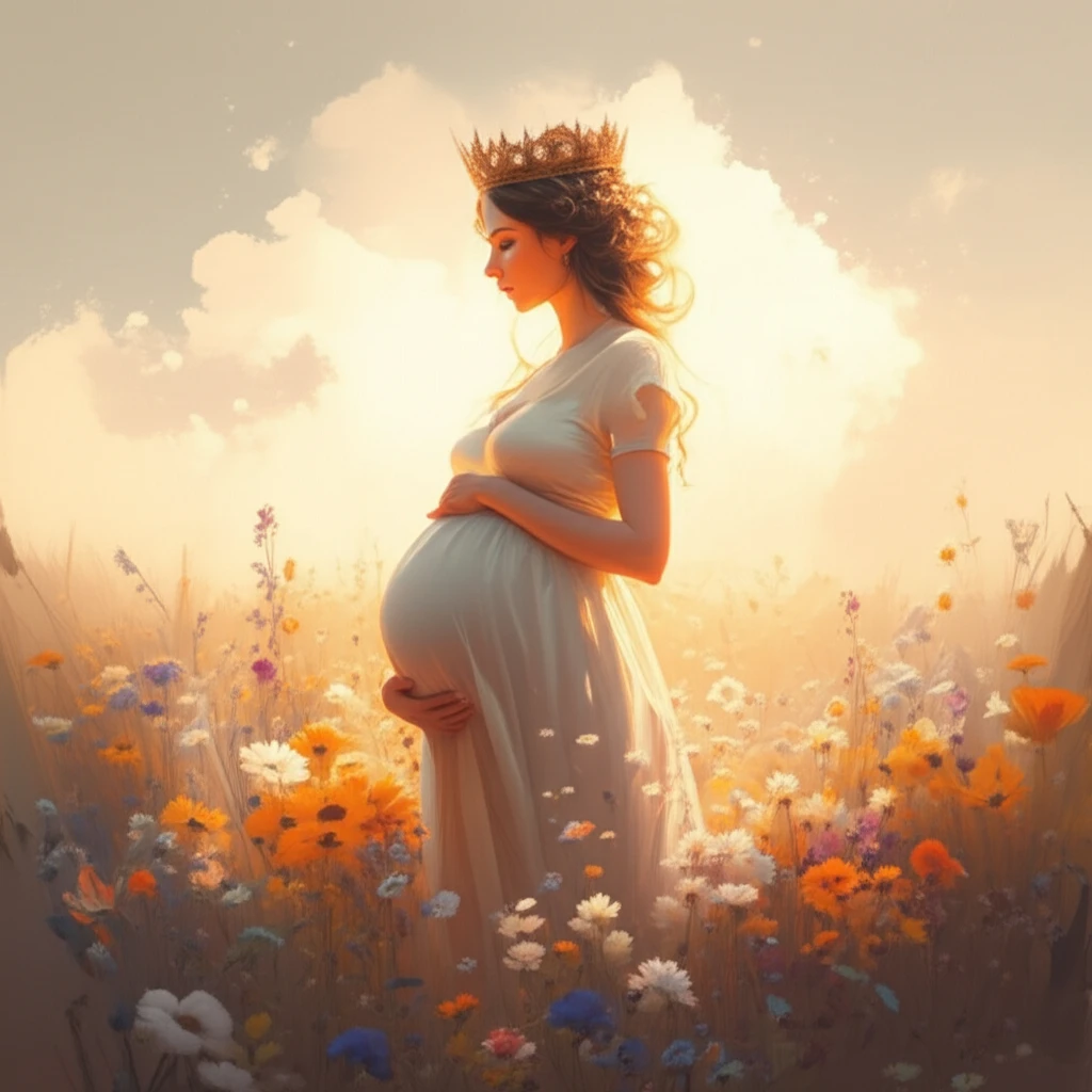 Illustration of a pregnant woman in a field of flowers representing health and a safe pregnancy journey.