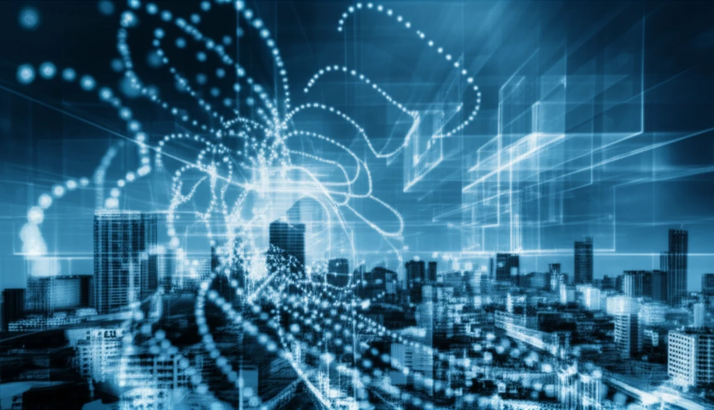 Digital illustration depicting the concept of air quality monitoring with data streams and cityscape.