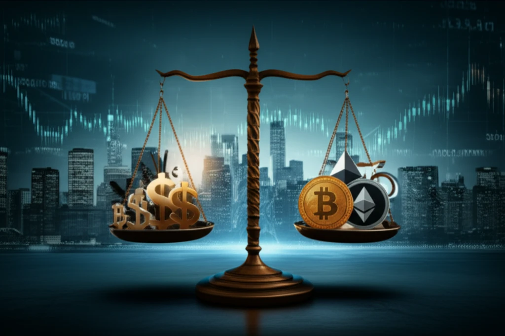 Illustration of a balanced scale with traditional finance on one side and crypto on the other, symbolizing the SEC's scrutiny of crypto funds.